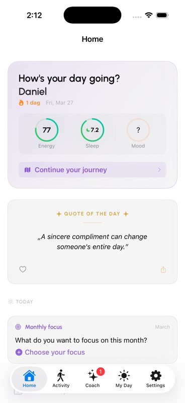 LifeSteps dashboard showing energy, sleep, and mood tracking